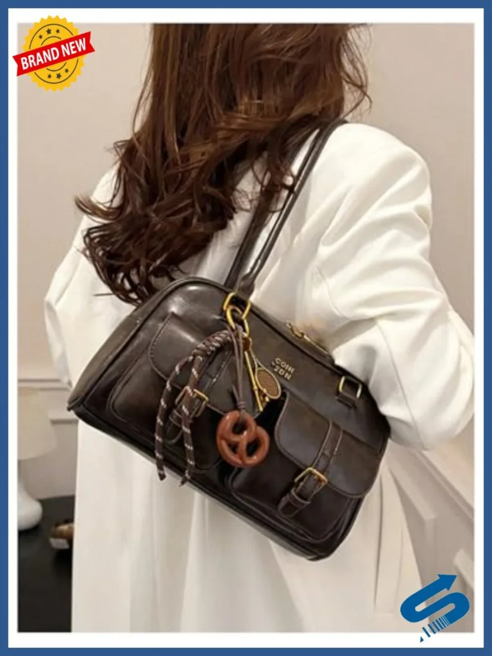 PU Leather Hobo Shoulder Bag Multi-Pocket Tote with Zipper